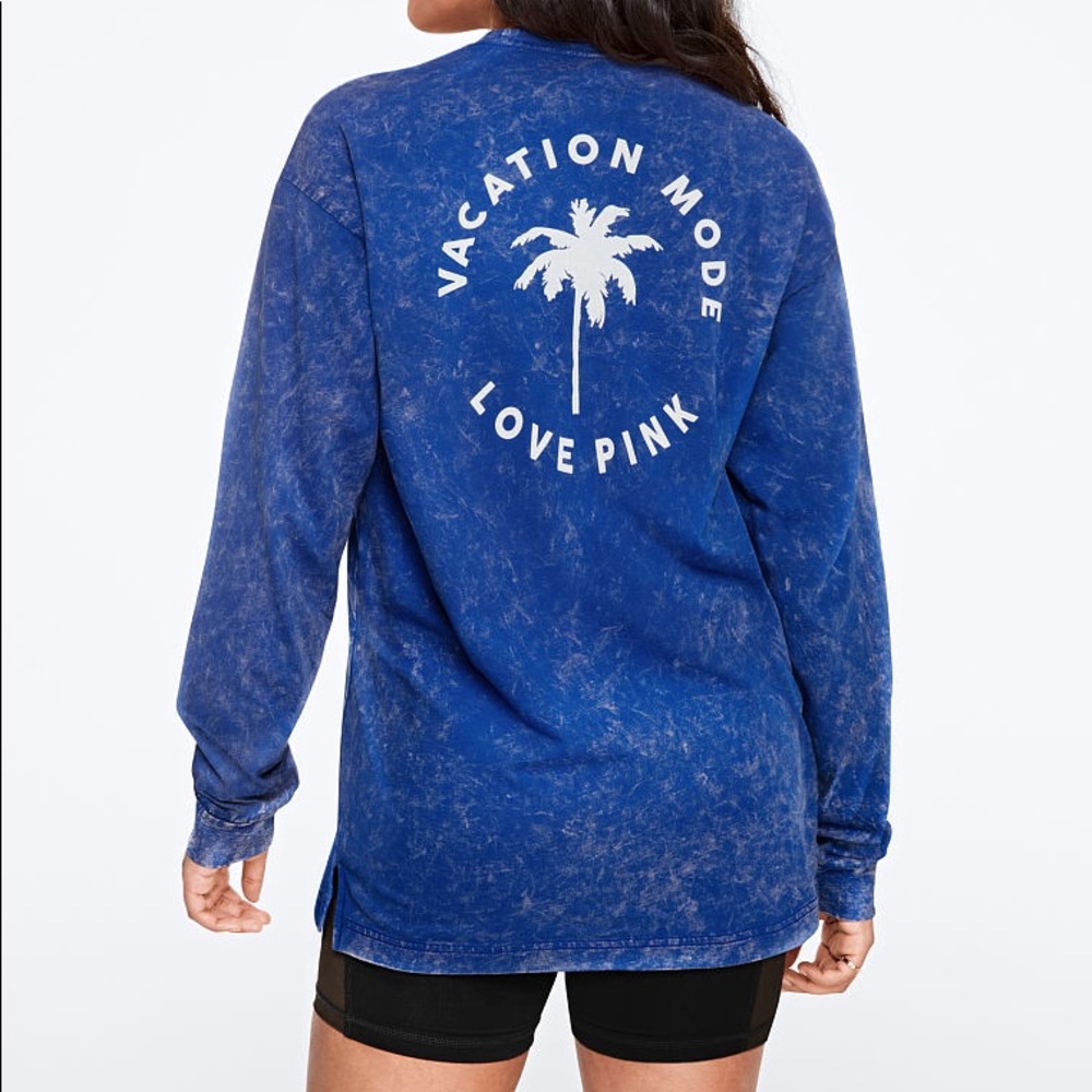 💕VS PINK BLUE TROPICAL “VACATION MODE” LONG SLEVE CAMPUS TEE